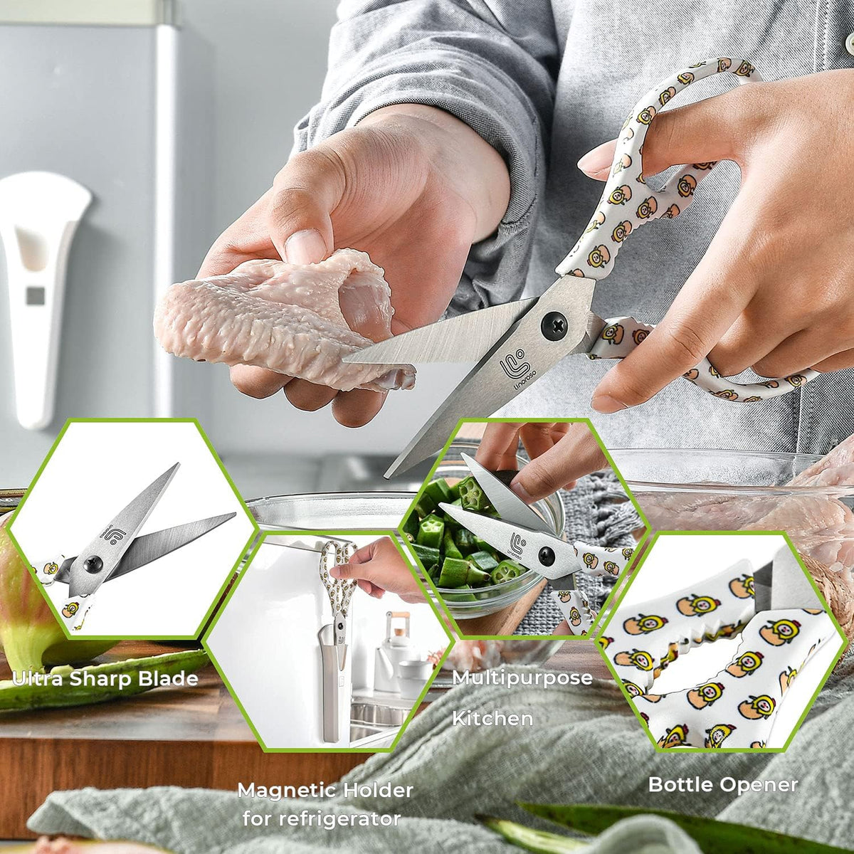 Kitchen Scissors Heavy Duty Kitchen Shears with Magnetic Holder Made with Japanese Steel 4034, Multipurpose Ultra Sharp Cooking Scissors for Meat/Vegetables/BBQ/Herbs/Pizza (Graphic,Cow)