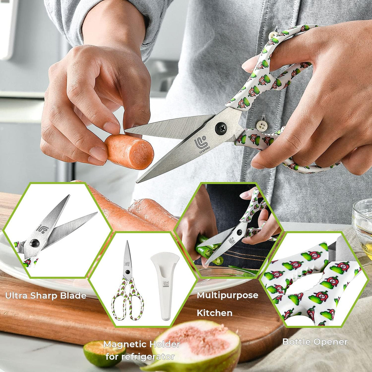 Kitchen Scissors Heavy Duty Kitchen Shears with Magnetic Holder Made with Japanese Steel 4034, Multipurpose Ultra Sharp Cooking Scissors for Meat/Vegetables/BBQ/Herbs/Pizza (Graphic,Cow)