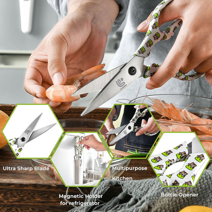 Kitchen Scissors Heavy Duty Kitchen Shears with Magnetic Holder Made with Japanese Steel 4034, Multipurpose Ultra Sharp Cooking Scissors for Meat/Vegetables/BBQ/Herbs/Pizza (Graphic,Cow)