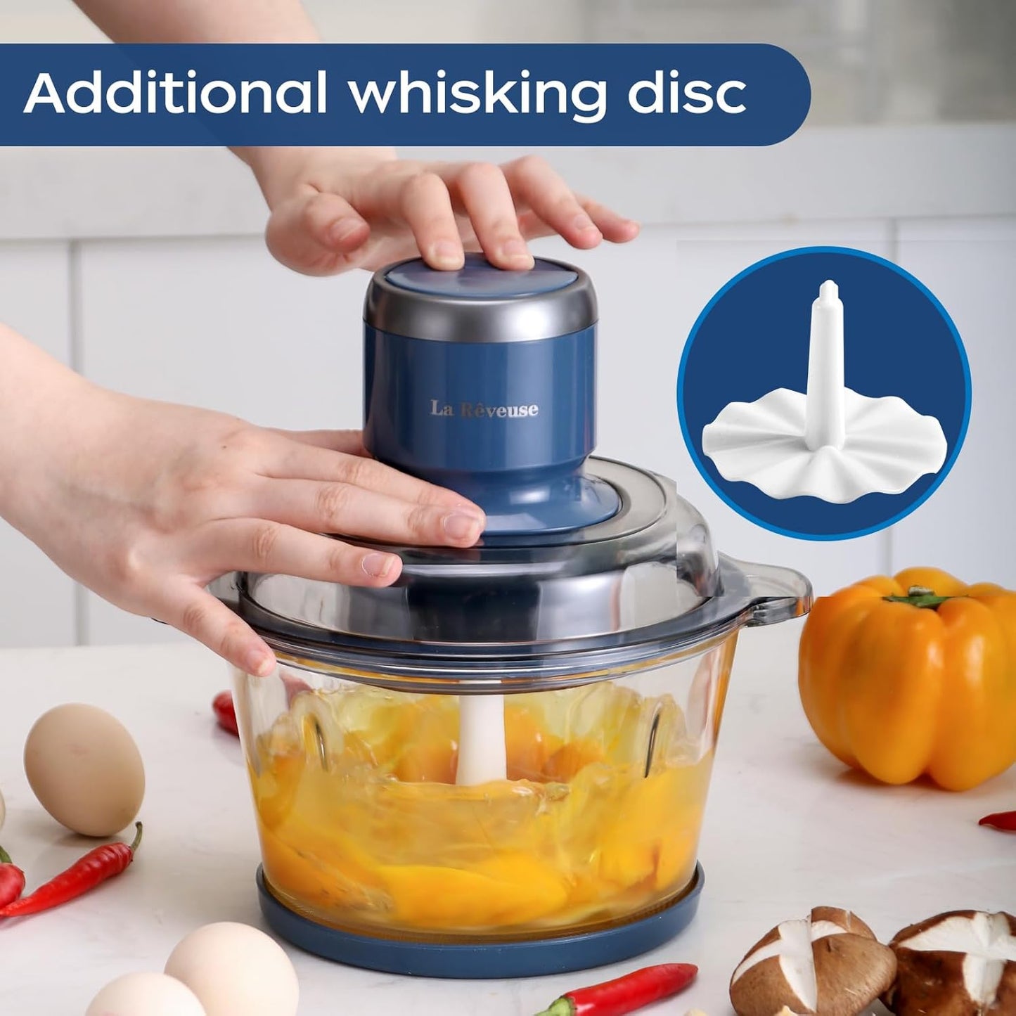 Food Processor,Electric Food Chopper with 7-Cup (1.7L) Glass Bowl, 4 Bi-Level Blades for Chopping,Grinding,Mincing,Whisking,Meal Prep,300W,Blue