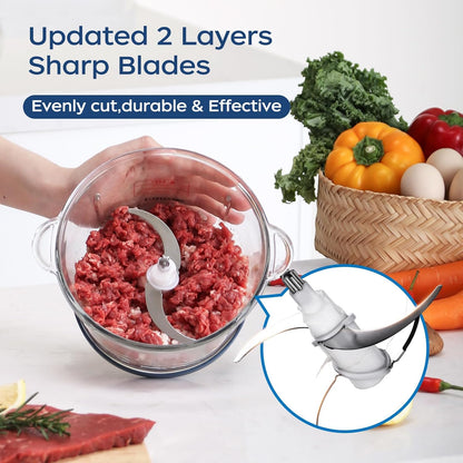 Food Processor,Electric Food Chopper with 7-Cup (1.7L) Glass Bowl, 4 Bi-Level Blades for Chopping,Grinding,Mincing,Whisking,Meal Prep,300W,Blue
