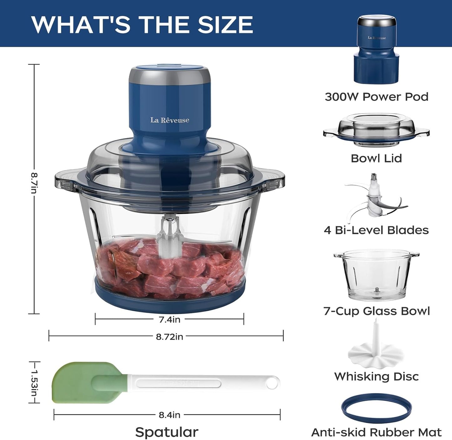 Food Processor,Electric Food Chopper with 7-Cup (1.7L) Glass Bowl, 4 Bi-Level Blades for Chopping,Grinding,Mincing,Whisking,Meal Prep,300W,Blue
