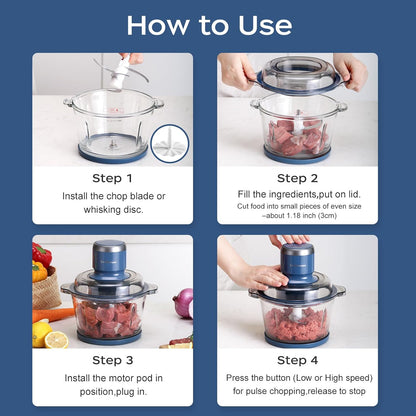 Food Processor,Electric Food Chopper with 7-Cup (1.7L) Glass Bowl, 4 Bi-Level Blades for Chopping,Grinding,Mincing,Whisking,Meal Prep,300W,Blue