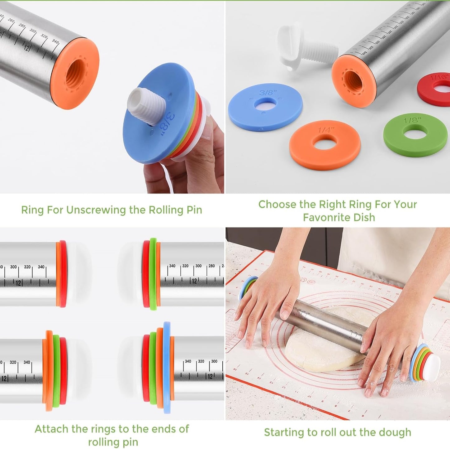 Rolling Pin nonstick and Silicone Baking Pastry Mat (red) | Adjustable Rolling Pin With Thickness Rings, Rolling Pin for Baking Fondant, Pizza, Pie, Pastry, Pasta, Dough, Cake pop