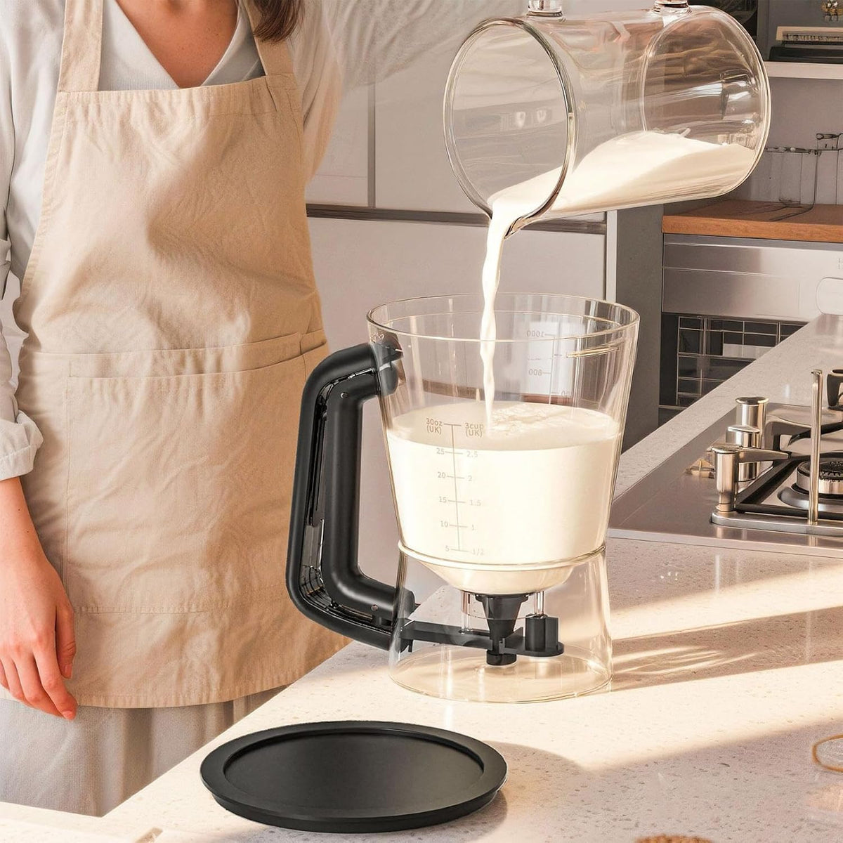 Pancake Batter Mixer - 1L Funnel Shape Container, Precise Baking Accessory, Comfortable Squeeze Handle, Cake Dispenser with Stand | Controlled Batter Pourer for Maker Waffles Pancakes Sauce Dressing