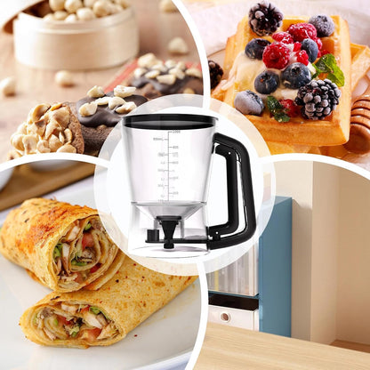 Pancake Batter Mixer - 1L Funnel Shape Container, Precise Baking Accessory, Comfortable Squeeze Handle, Cake Dispenser with Stand | Controlled Batter Pourer for Maker Waffles Pancakes Sauce Dressing