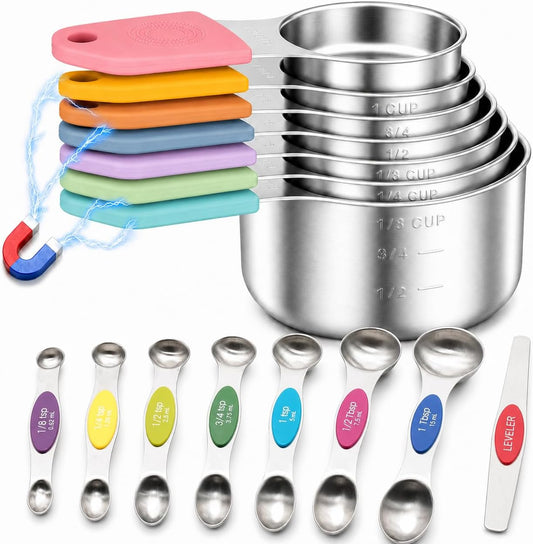 Magnetic Measuring Cups and Spoons Set, Strong N52 Magnets, Heavy Duty 304 Stainless Steel Fits in Spice Jars for Baking & Cooking, BPA Free, Round Set of 15 with Leveler Blackr, Light Colorful