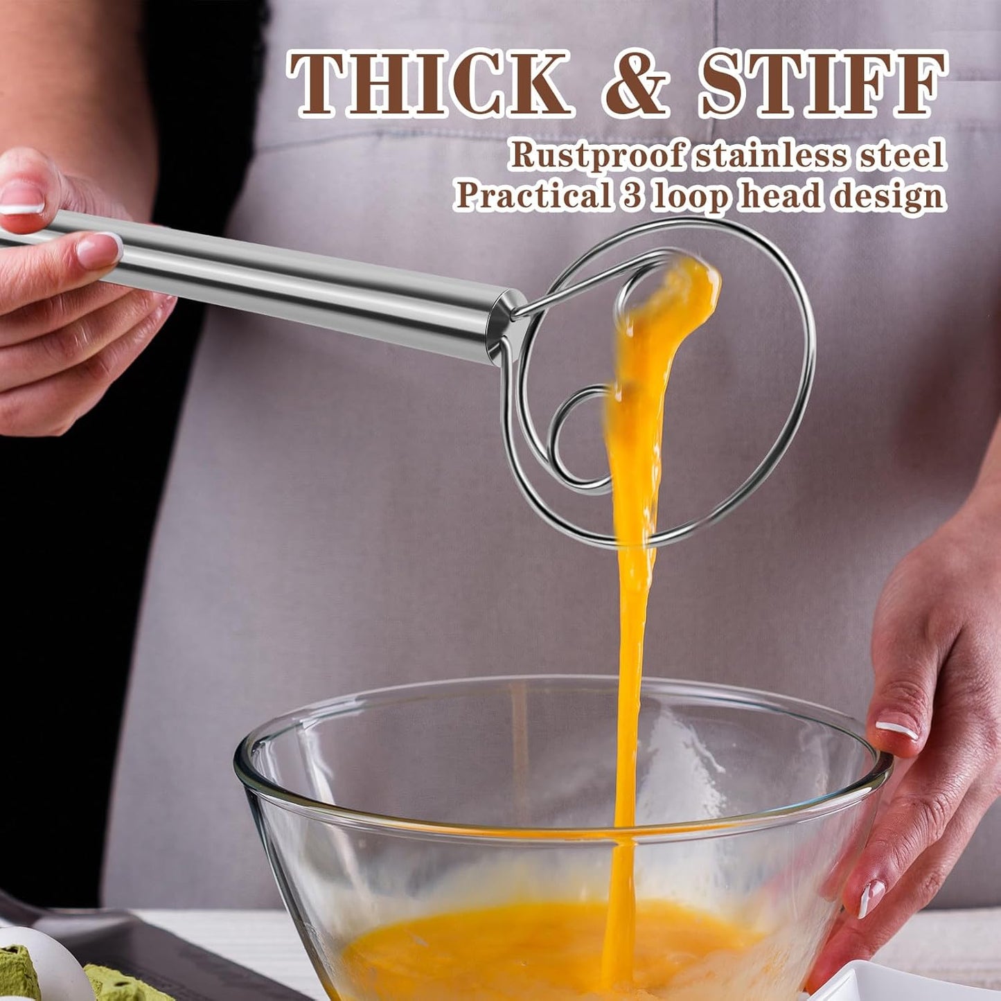 Danish Dough Whisk, Stainless Steel Grip, for Sourdough Bread Baking | No Wood Handle, Dutch Dough Whisk, Food Grade, Sourdough Mix Tool, Dishwasher Safe, Rustproof, For Pizza & Pastry, Easy Clean