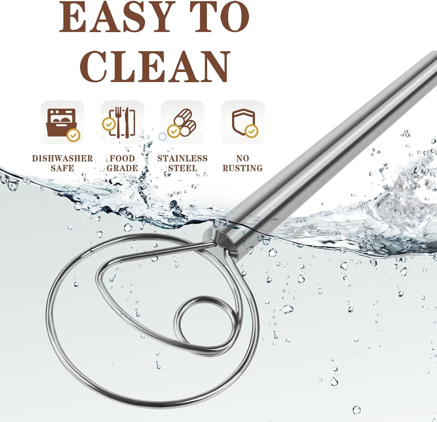 Danish Dough Whisk, Stainless Steel Grip, for Sourdough Bread Baking | No Wood Handle, Dutch Dough Whisk, Food Grade, Sourdough Mix Tool, Dishwasher Safe, Rustproof, For Pizza & Pastry, Easy Clean