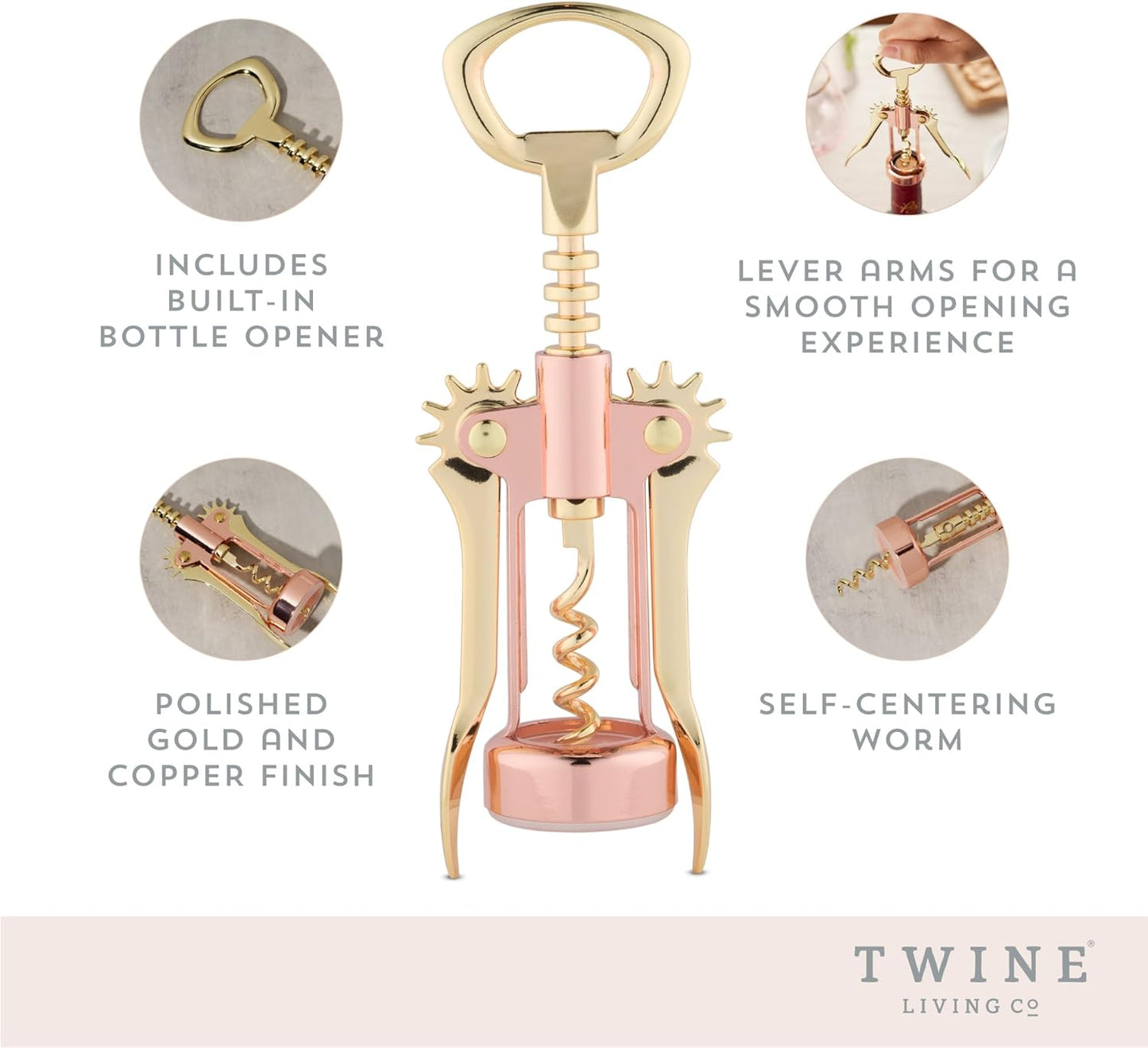 Winged Corkscrew Wine Opener, Versatile Bottle Opener for Beer and Soft Drinks, Stainless Steel with Ergonomic Handle and Sharp Screw for Bartenders, Home Bar, Kitchen, Set of 1, Copper and Gold