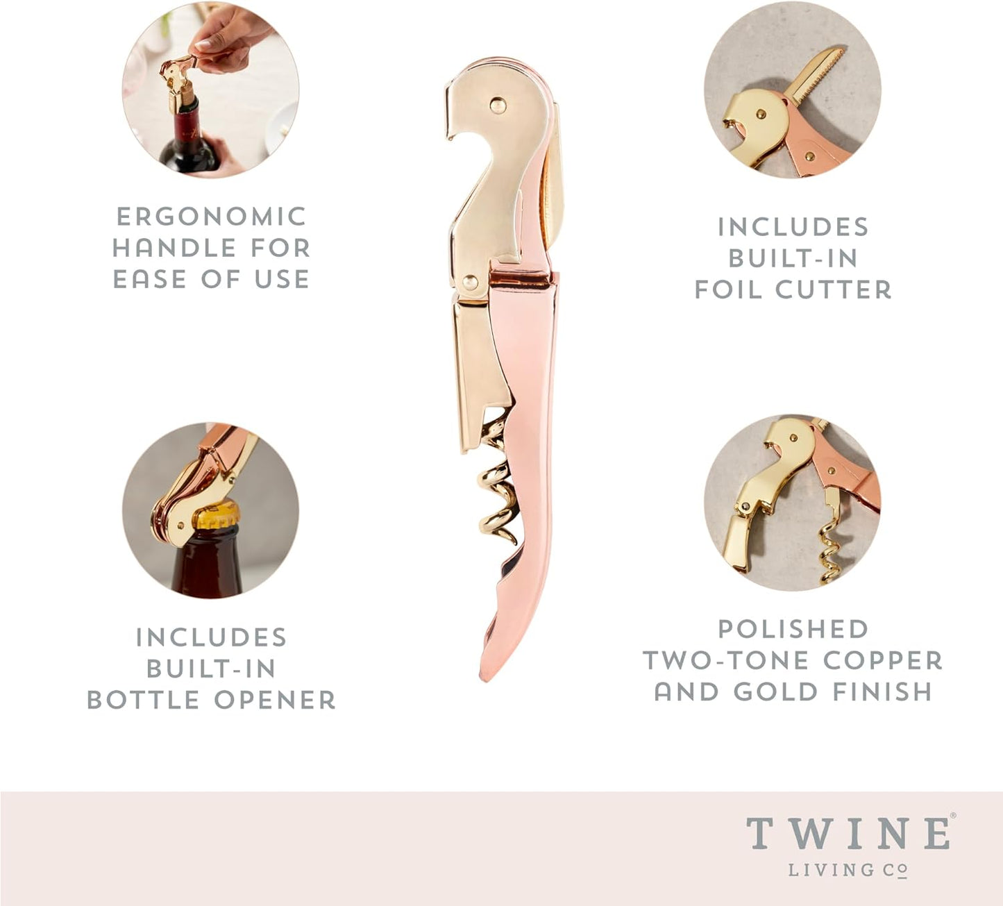 Winged Corkscrew Wine Opener, Versatile Bottle Opener for Beer and Soft Drinks, Stainless Steel with Ergonomic Handle and Sharp Screw for Bartenders, Home Bar, Kitchen, Set of 1, Copper and Gold