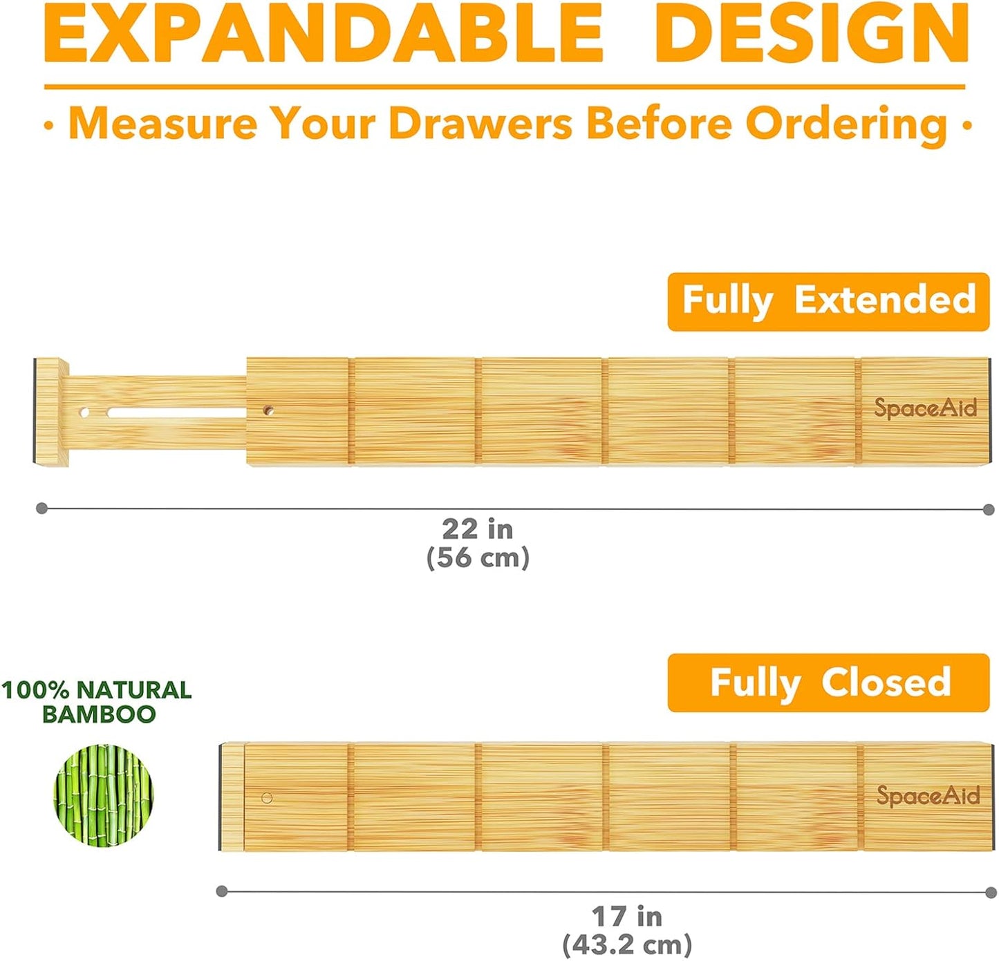 Bamboo Drawer Dividers with Inserts and Labels, Kitchen Adjustable Drawer Organizers, Expandable Organization for Home, Office, Dressers, 4 Dividers with 9 Inserts (17"-22" Natural)