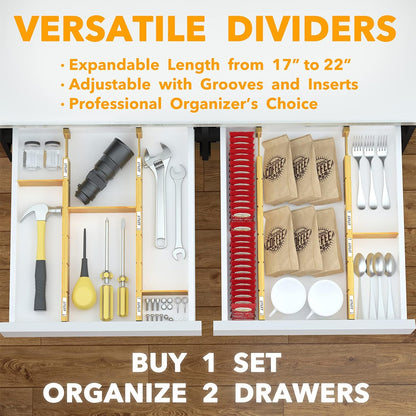 Bamboo Drawer Dividers with Inserts and Labels, Kitchen Adjustable Drawer Organizers, Expandable Organization for Home, Office, Dressers, 4 Dividers with 9 Inserts (17"-22" Natural)