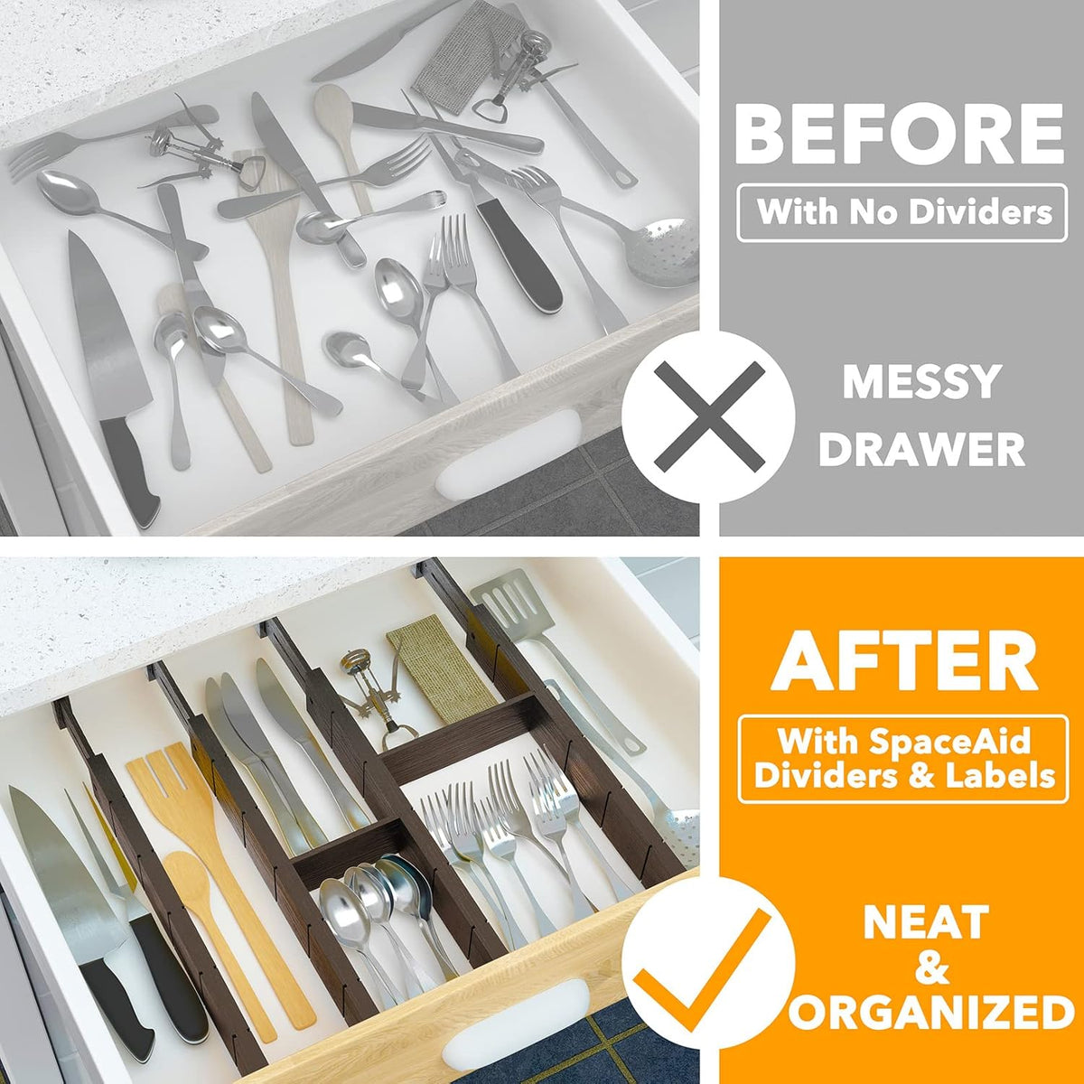 Bamboo Drawer Dividers with Inserts and Labels, Kitchen Adjustable Drawer Organizers, Expandable Organization for Home, Office, Dressers, 4 Dividers with 9 Inserts (17"-22" Natural)
