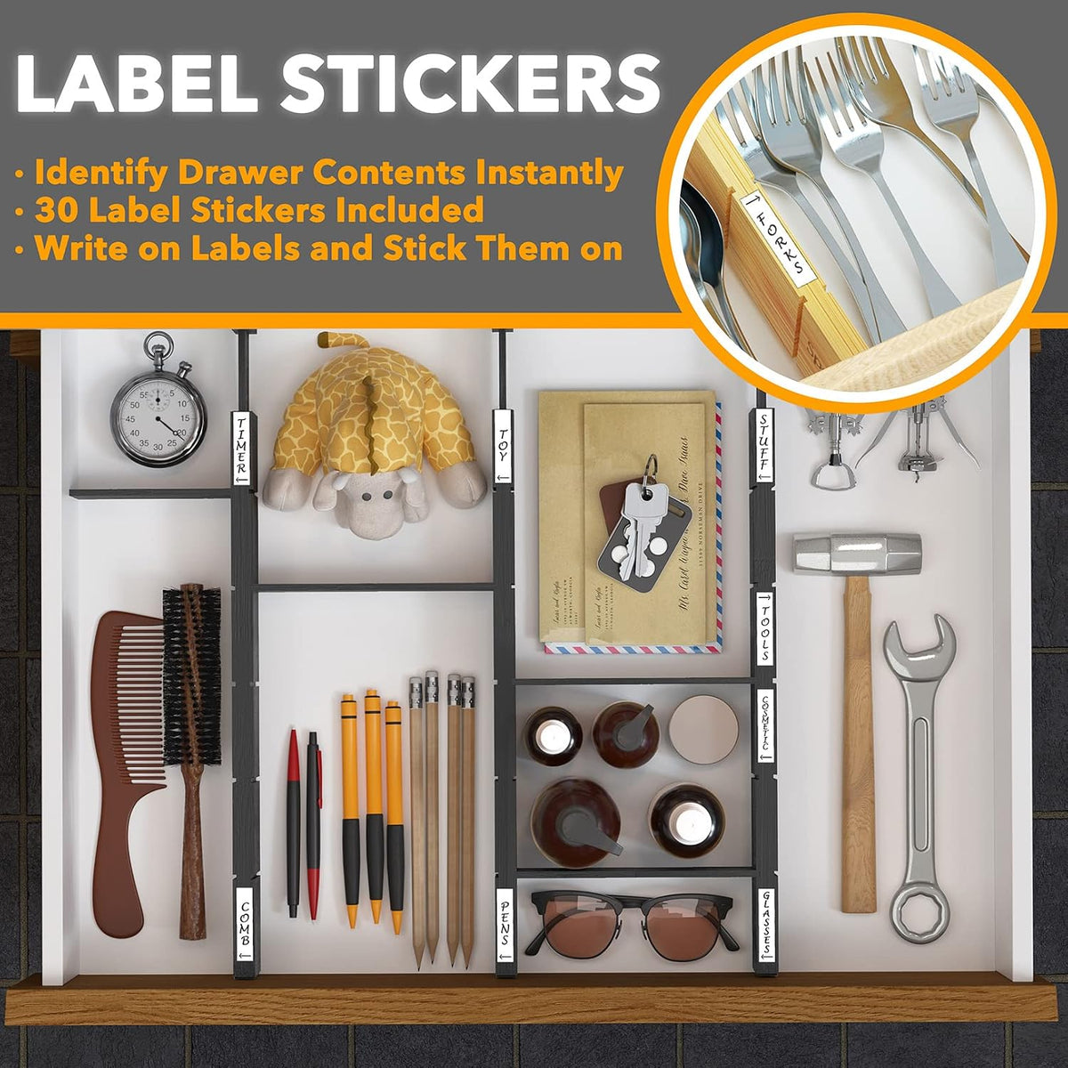Bamboo Drawer Dividers with Inserts and Labels, Kitchen Adjustable Drawer Organizers, Expandable Organization for Home, Office, Dressers, 4 Dividers with 9 Inserts (17"-22" Natural)