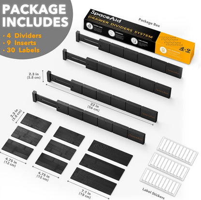 Bamboo Drawer Dividers with Inserts and Labels, Kitchen Adjustable Drawer Organizers, Expandable Organization for Home, Office, Dressers, 4 Dividers with 9 Inserts (17"-22" Natural)