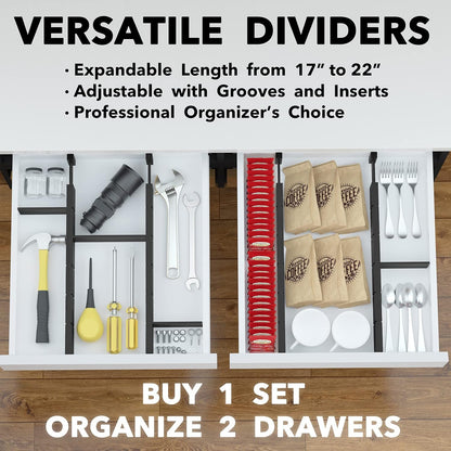 Bamboo Drawer Dividers with Inserts and Labels, Kitchen Adjustable Drawer Organizers, Expandable Organization for Home, Office, Dressers, 4 Dividers with 9 Inserts (17"-22" Natural)