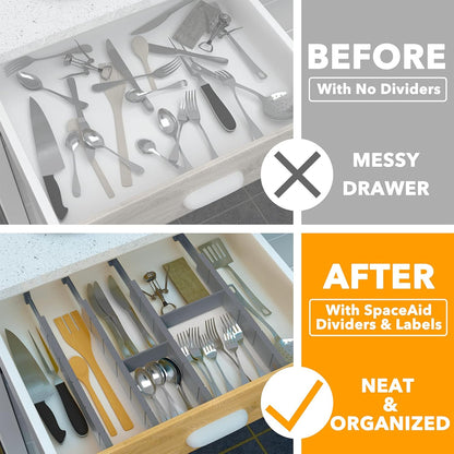 Bamboo Drawer Dividers with Inserts and Labels, Kitchen Adjustable Drawer Organizers, Expandable Organization for Home, Office, Dressers, 4 Dividers with 9 Inserts (17"-22" Natural)