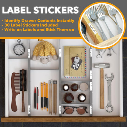 Bamboo Drawer Dividers with Inserts and Labels, Kitchen Adjustable Drawer Organizers, Expandable Organization for Home, Office, Dressers, 4 Dividers with 9 Inserts (17"-22" Natural)
