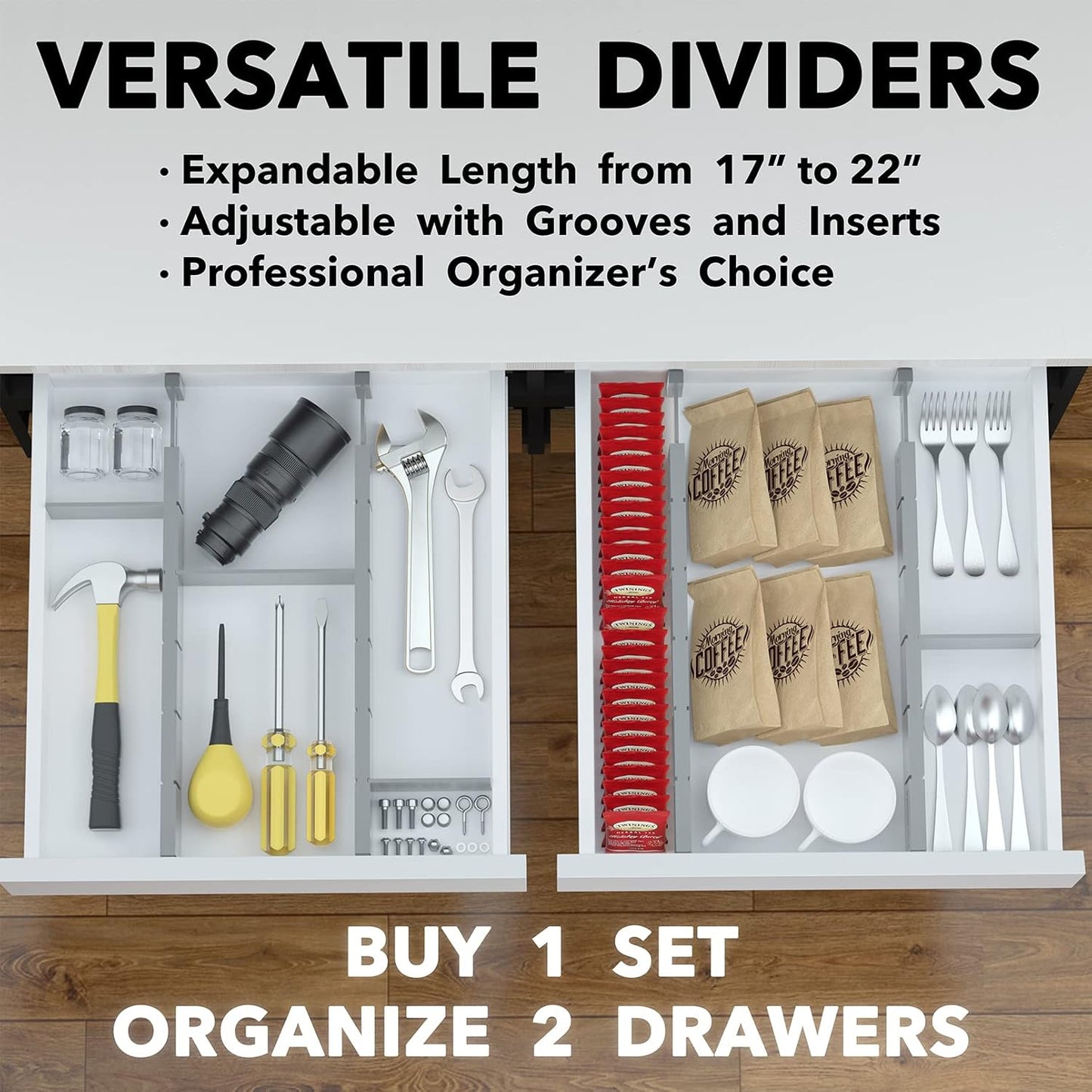 Bamboo Drawer Dividers with Inserts and Labels, Kitchen Adjustable Drawer Organizers, Expandable Organization for Home, Office, Dressers, 4 Dividers with 9 Inserts (17"-22" Natural)