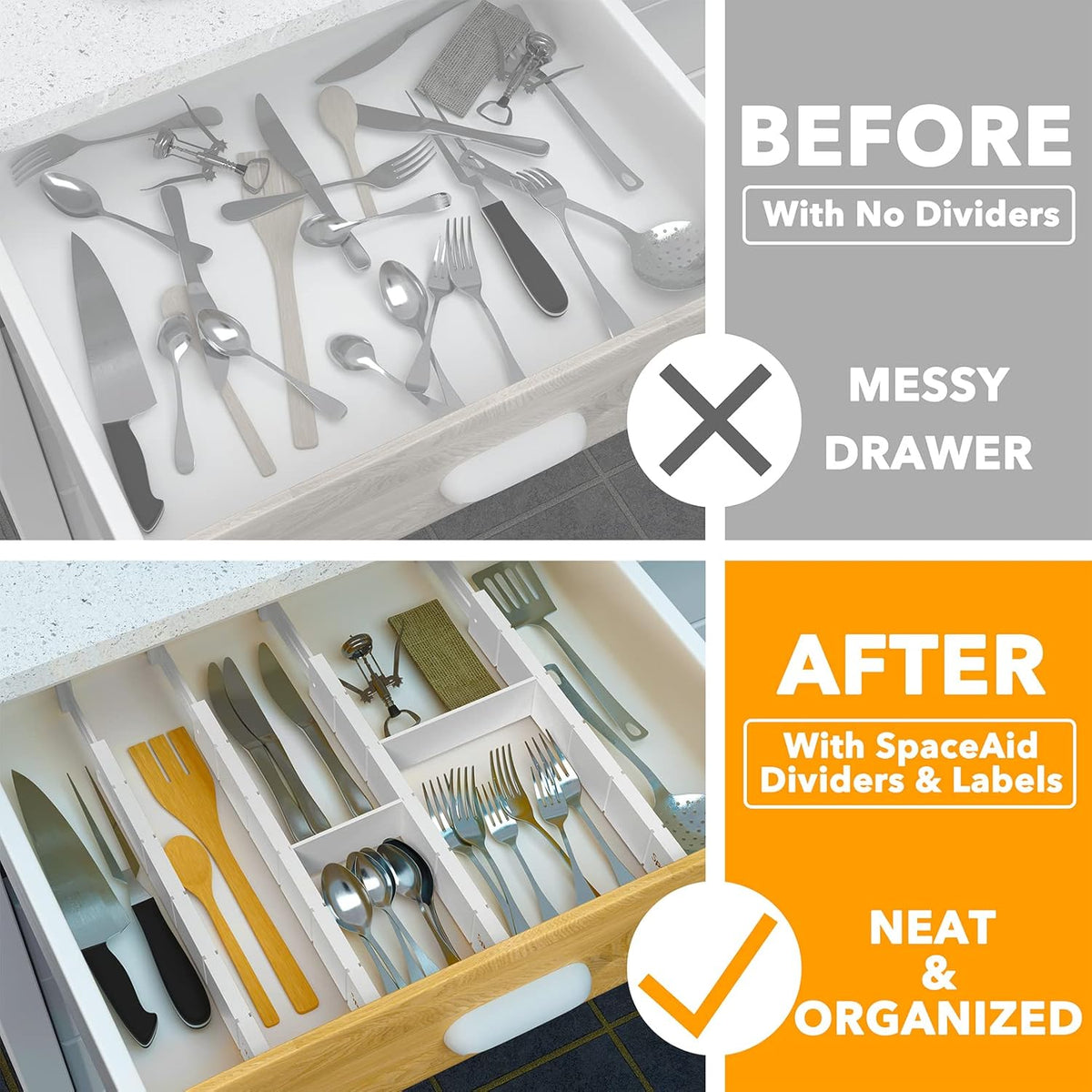Bamboo Drawer Dividers with Inserts and Labels, Kitchen Adjustable Drawer Organizers, Expandable Organization for Home, Office, Dressers, 4 Dividers with 9 Inserts (17"-22" Natural)