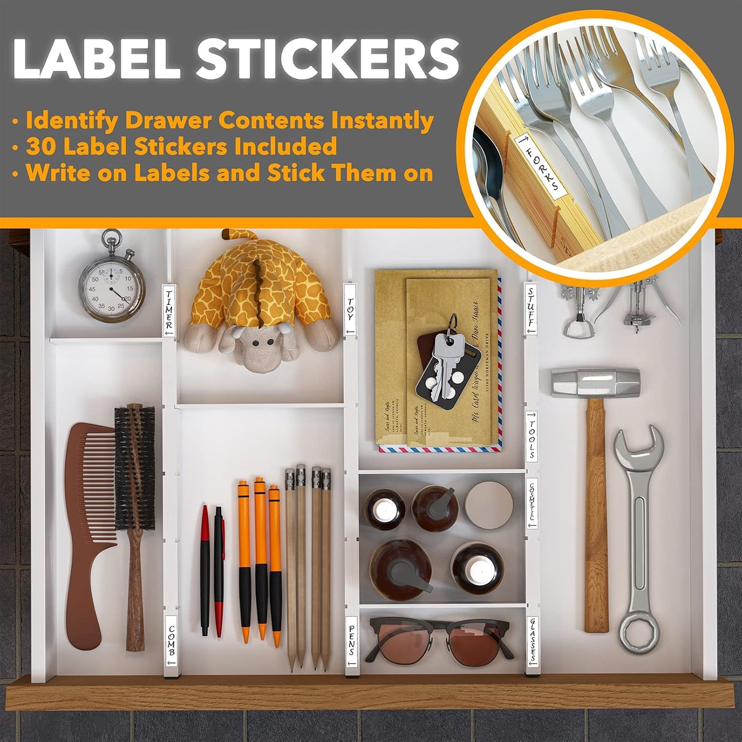 Bamboo Drawer Dividers with Inserts and Labels, Kitchen Adjustable Drawer Organizers, Expandable Organization for Home, Office, Dressers, 4 Dividers with 9 Inserts (17"-22" Natural)