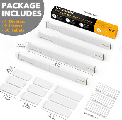 Bamboo Drawer Dividers with Inserts and Labels, Kitchen Adjustable Drawer Organizers, Expandable Organization for Home, Office, Dressers, 4 Dividers with 9 Inserts (17"-22" Natural)
