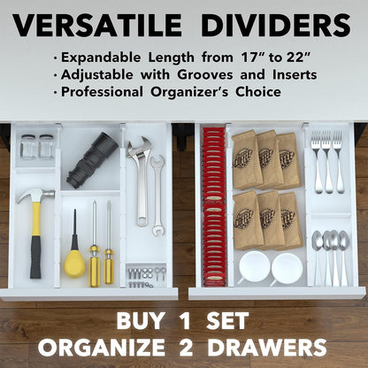 Bamboo Drawer Dividers with Inserts and Labels, Kitchen Adjustable Drawer Organizers, Expandable Organization for Home, Office, Dressers, 4 Dividers with 9 Inserts (17"-22" Natural)