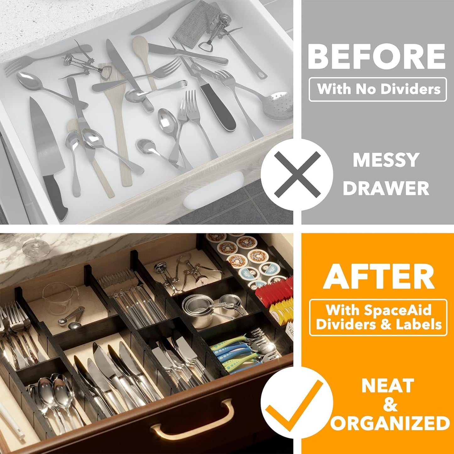 Bamboo Drawer Dividers with Inserts and Labels, Kitchen Adjustable Drawer Organizers, Expandable Organization for Home, Office, Dressers, 4 Dividers with 9 Inserts (17"-22" Natural)
