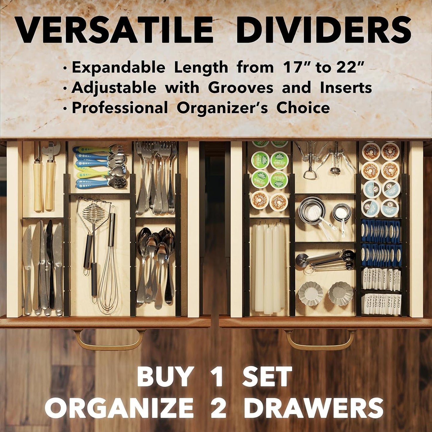 Bamboo Drawer Dividers with Inserts and Labels, Kitchen Adjustable Drawer Organizers, Expandable Organization for Home, Office, Dressers, 4 Dividers with 9 Inserts (17"-22" Natural)