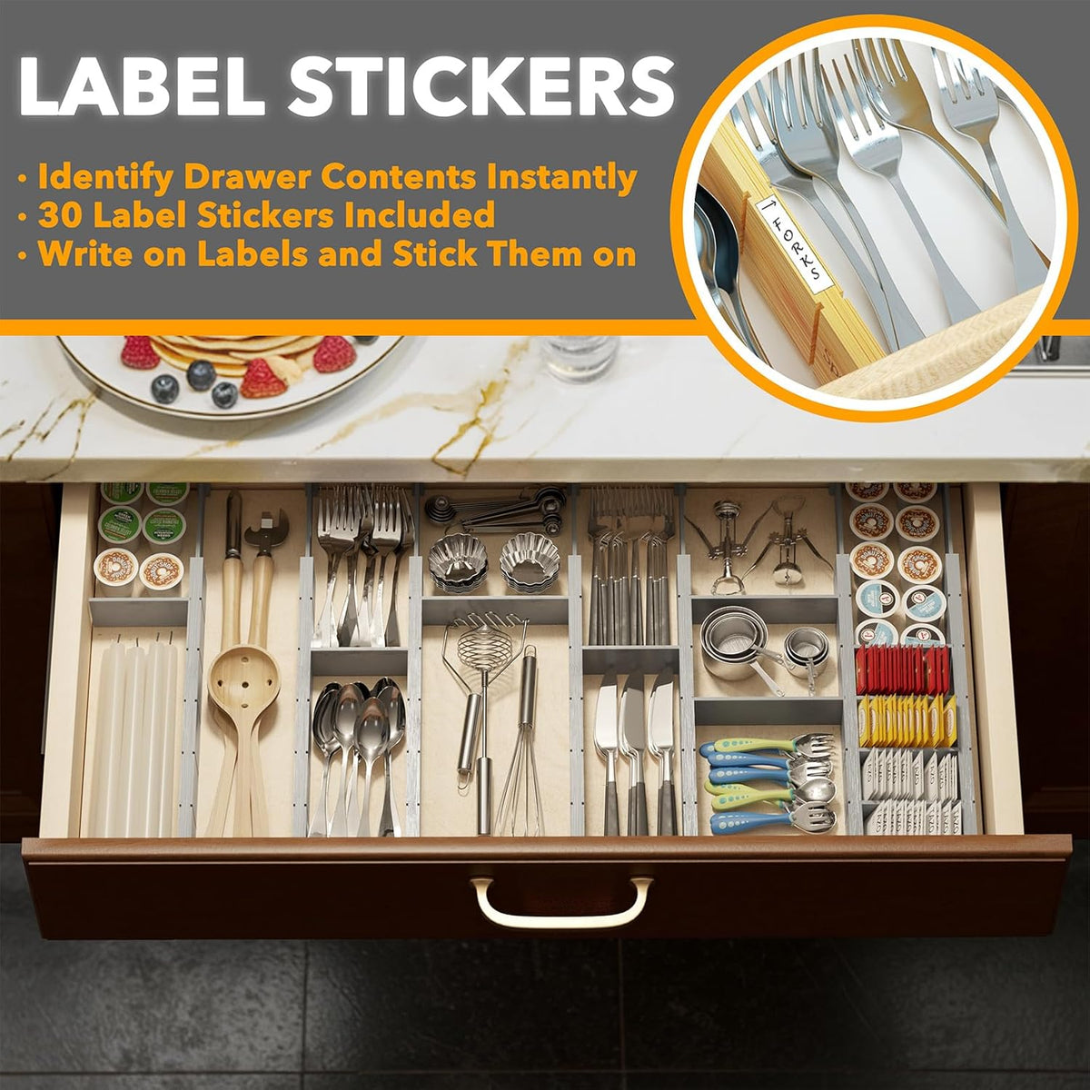 Bamboo Drawer Dividers with Inserts and Labels, Kitchen Adjustable Drawer Organizers, Expandable Organization for Home, Office, Dressers, 4 Dividers with 9 Inserts (17"-22" Natural)
