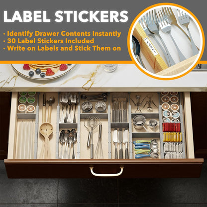 Bamboo Drawer Dividers with Inserts and Labels, Kitchen Adjustable Drawer Organizers, Expandable Organization for Home, Office, Dressers, 4 Dividers with 9 Inserts (17"-22" Natural)