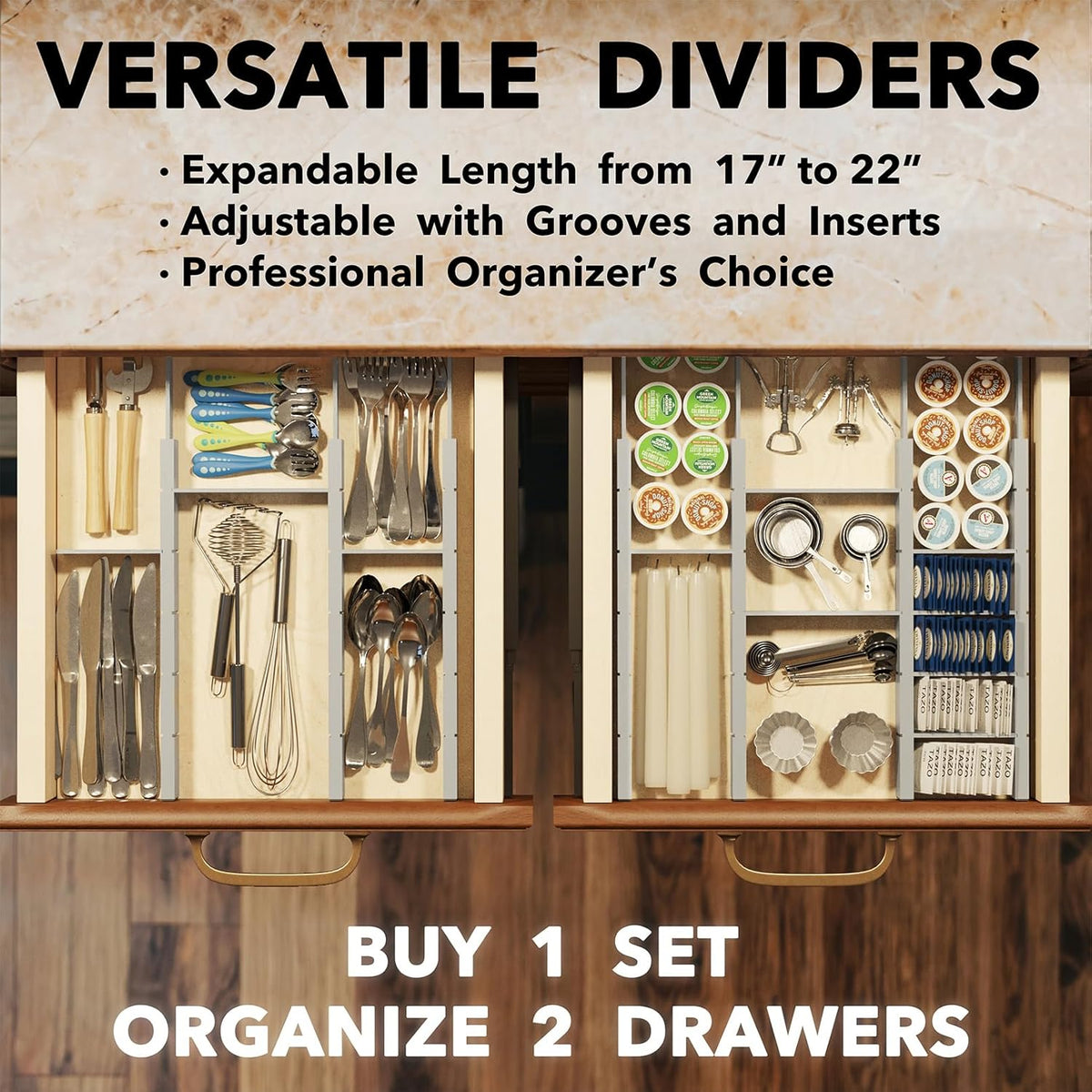 Bamboo Drawer Dividers with Inserts and Labels, Kitchen Adjustable Drawer Organizers, Expandable Organization for Home, Office, Dressers, 4 Dividers with 9 Inserts (17"-22" Natural)