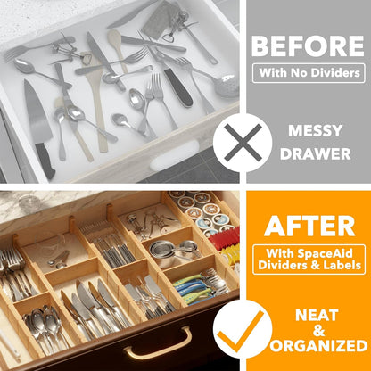 Bamboo Drawer Dividers with Inserts and Labels, Kitchen Adjustable Drawer Organizers, Expandable Organization for Home, Office, Dressers, 4 Dividers with 9 Inserts (17"-22" Natural)