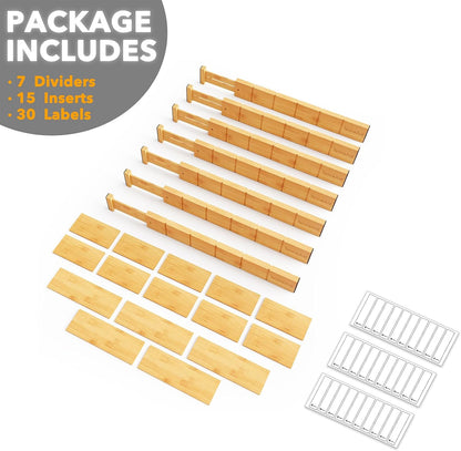 Bamboo Drawer Dividers with Inserts and Labels, Kitchen Adjustable Drawer Organizers, Expandable Organization for Home, Office, Dressers, 4 Dividers with 9 Inserts (17"-22" Natural)