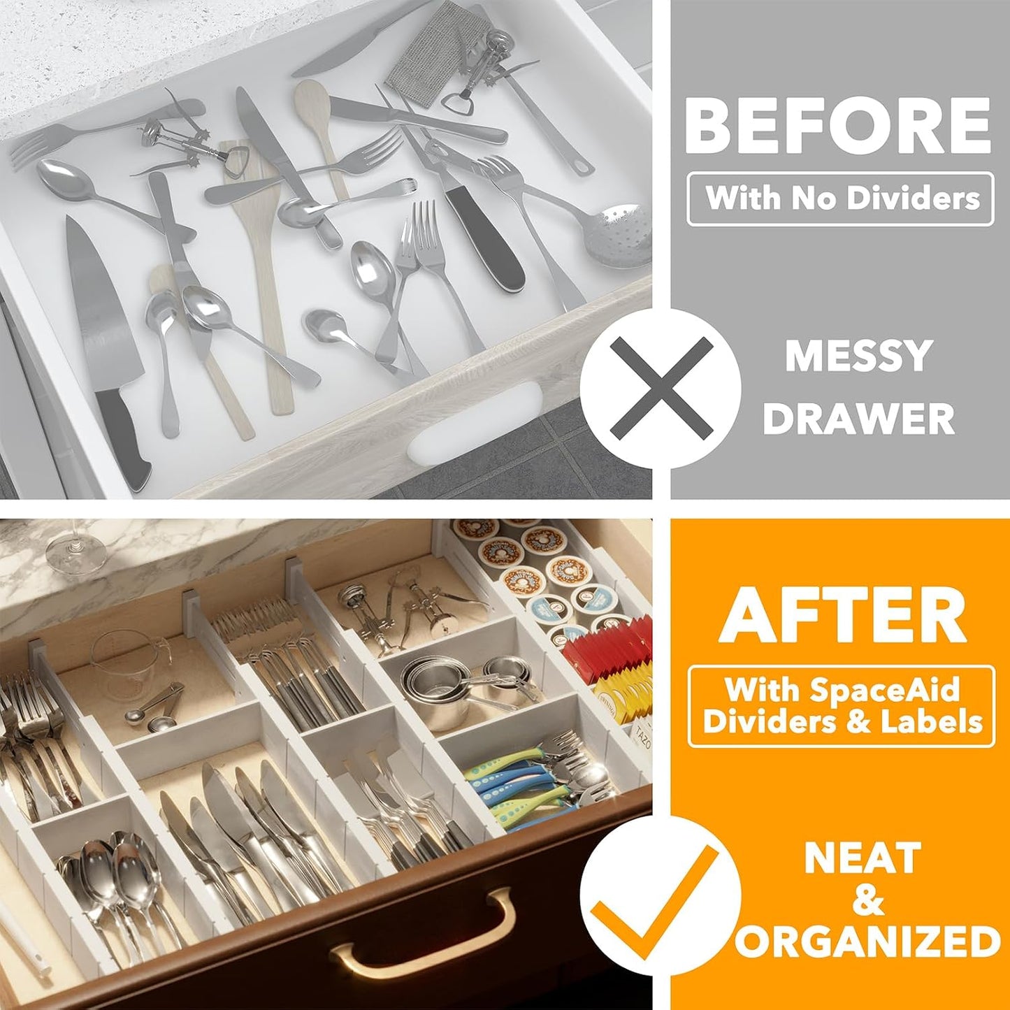 Bamboo Drawer Dividers with Inserts and Labels, Kitchen Adjustable Drawer Organizers, Expandable Organization for Home, Office, Dressers, 4 Dividers with 9 Inserts (17"-22" Natural)