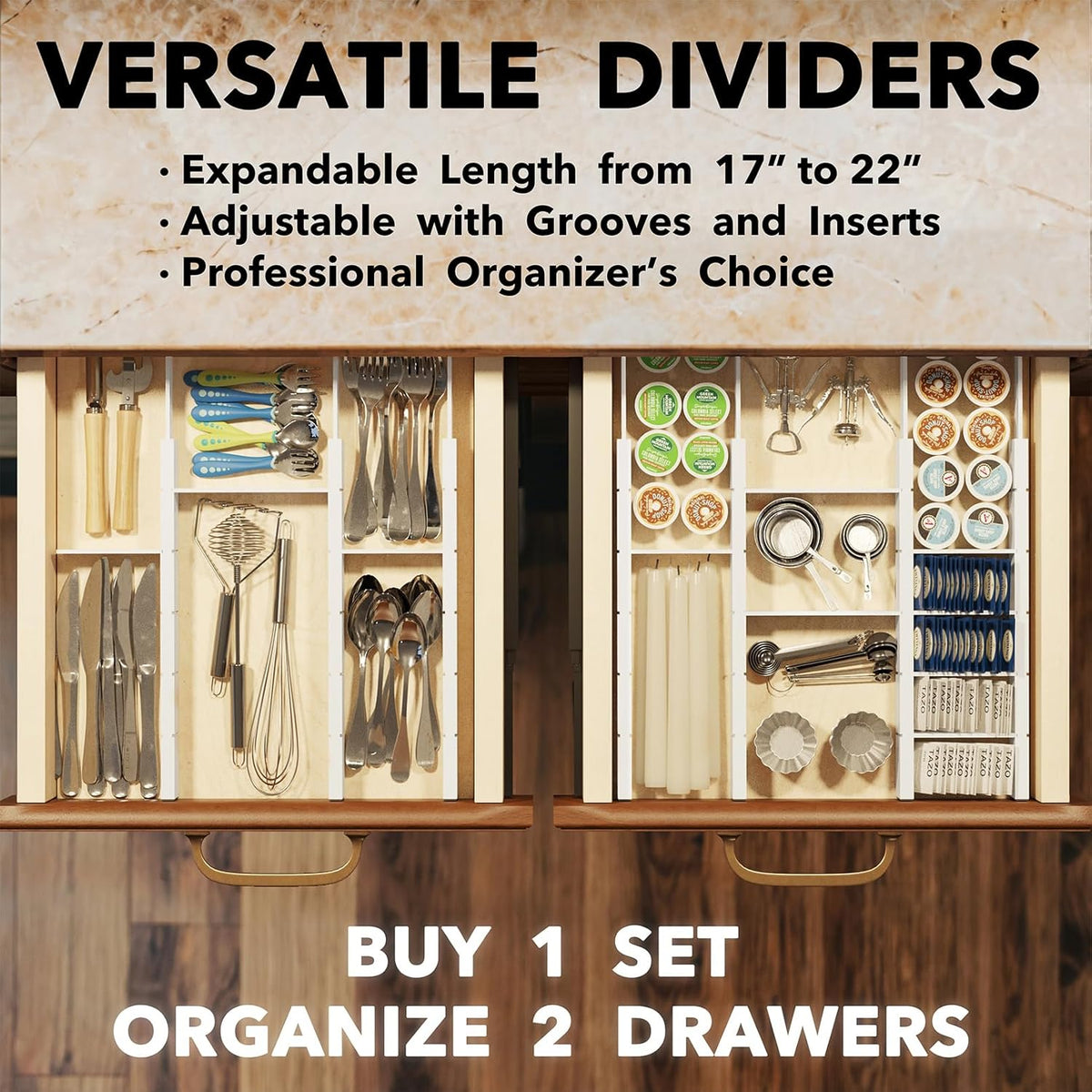 Bamboo Drawer Dividers with Inserts and Labels, Kitchen Adjustable Drawer Organizers, Expandable Organization for Home, Office, Dressers, 4 Dividers with 9 Inserts (17"-22" Natural)