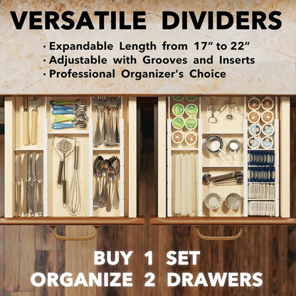 Bamboo Drawer Dividers with Inserts and Labels, Kitchen Adjustable Drawer Organizers, Expandable Organization for Home, Office, Dressers, 4 Dividers with 9 Inserts (17"-22" Natural)