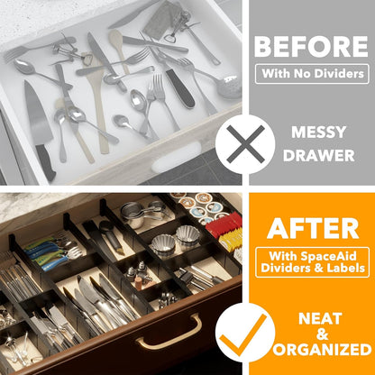 Bamboo Drawer Dividers with Inserts and Labels, Kitchen Adjustable Drawer Organizers, Expandable Organization for Home, Office, Dressers, 4 Dividers with 9 Inserts (17"-22" Natural)