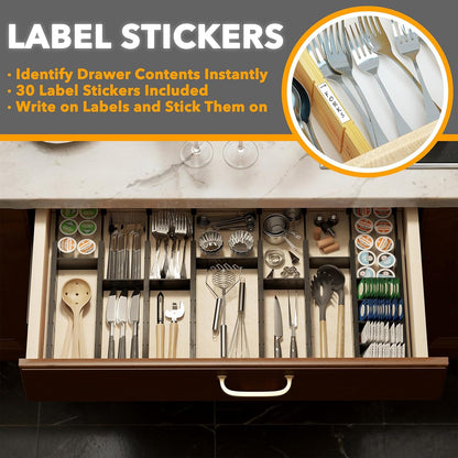 Bamboo Drawer Dividers with Inserts and Labels, Kitchen Adjustable Drawer Organizers, Expandable Organization for Home, Office, Dressers, 4 Dividers with 9 Inserts (17"-22" Natural)