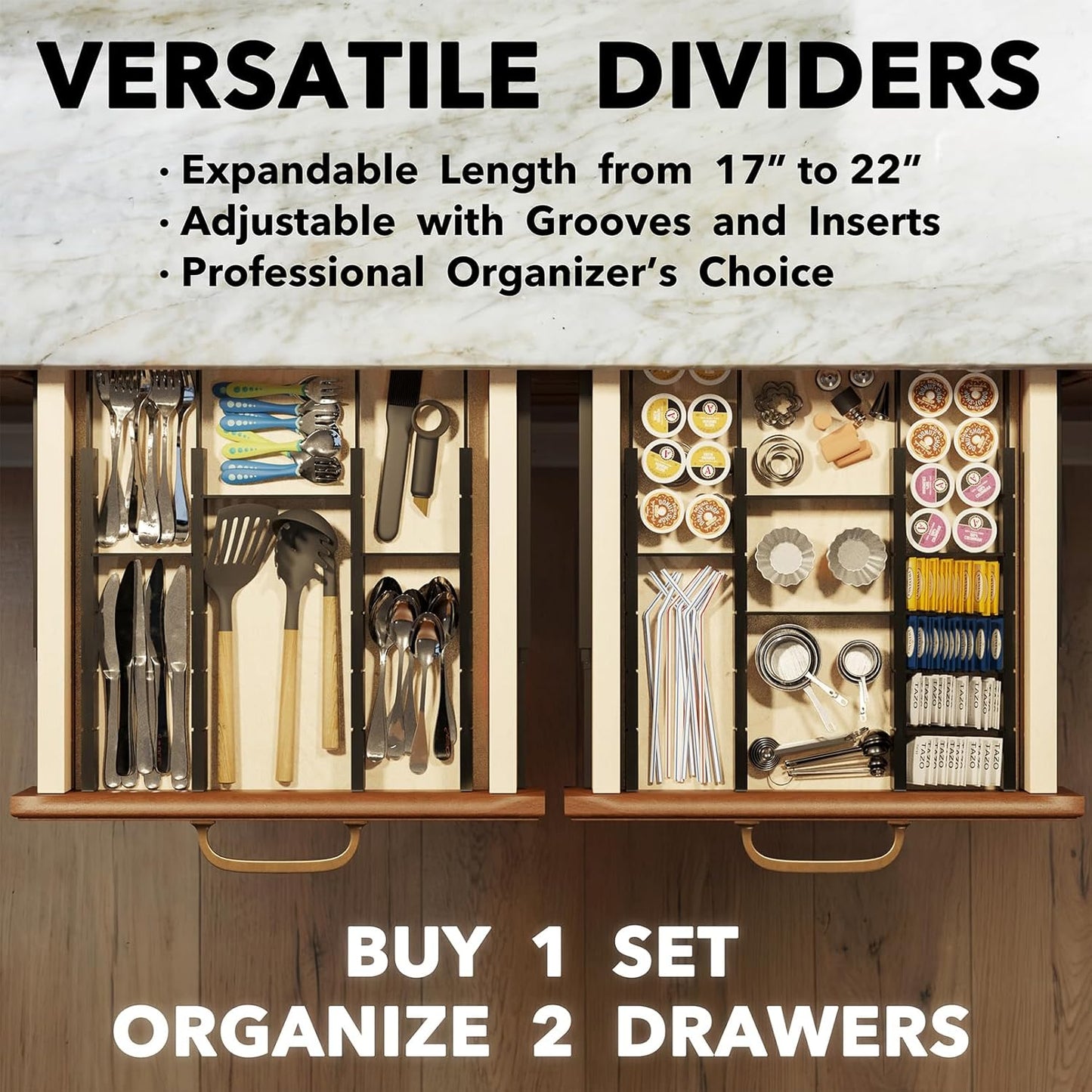 Bamboo Drawer Dividers with Inserts and Labels, Kitchen Adjustable Drawer Organizers, Expandable Organization for Home, Office, Dressers, 4 Dividers with 9 Inserts (17"-22" Natural)
