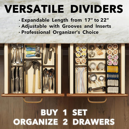 Bamboo Drawer Dividers with Inserts and Labels, Kitchen Adjustable Drawer Organizers, Expandable Organization for Home, Office, Dressers, 4 Dividers with 9 Inserts (17"-22" Natural)
