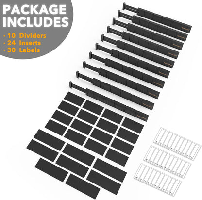 Bamboo Drawer Dividers with Inserts and Labels, Kitchen Adjustable Drawer Organizers, Expandable Organization for Home, Office, Dressers, 4 Dividers with 9 Inserts (17"-22" Natural)