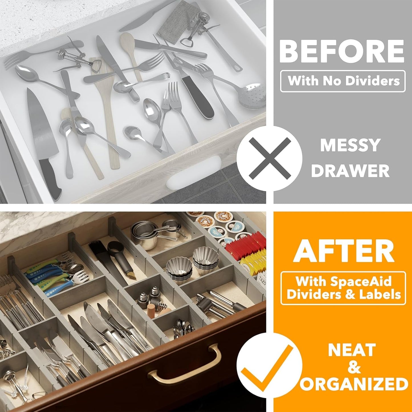 Bamboo Drawer Dividers with Inserts and Labels, Kitchen Adjustable Drawer Organizers, Expandable Organization for Home, Office, Dressers, 4 Dividers with 9 Inserts (17"-22" Natural)