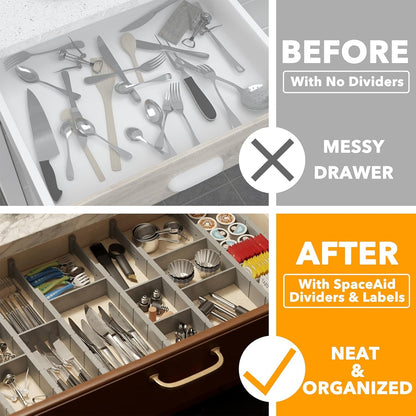 Bamboo Drawer Dividers with Inserts and Labels, Kitchen Adjustable Drawer Organizers, Expandable Organization for Home, Office, Dressers, 4 Dividers with 9 Inserts (17"-22" Natural)