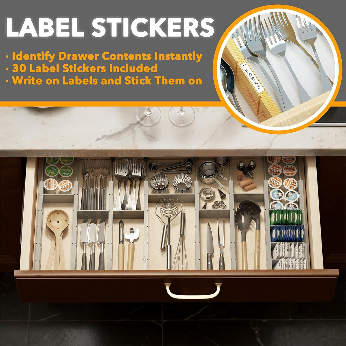 Bamboo Drawer Dividers with Inserts and Labels, Kitchen Adjustable Drawer Organizers, Expandable Organization for Home, Office, Dressers, 4 Dividers with 9 Inserts (17"-22" Natural)