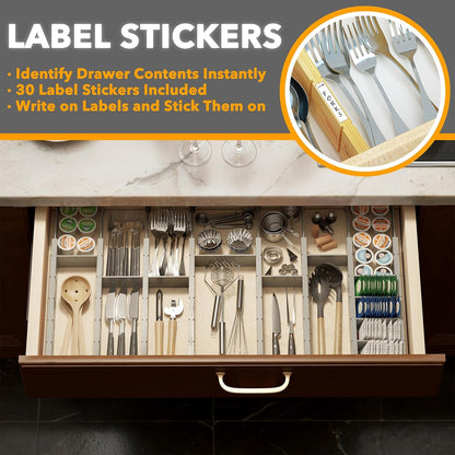 Bamboo Drawer Dividers with Inserts and Labels, Kitchen Adjustable Drawer Organizers, Expandable Organization for Home, Office, Dressers, 4 Dividers with 9 Inserts (17"-22" Natural)