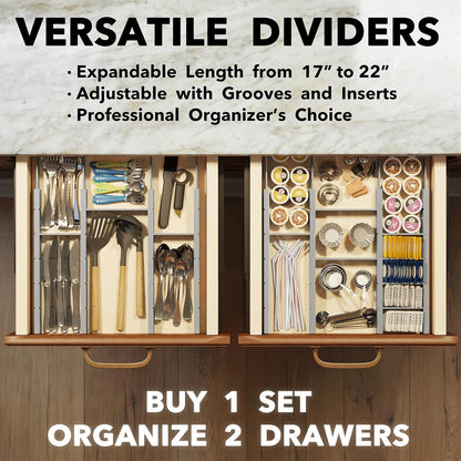 Bamboo Drawer Dividers with Inserts and Labels, Kitchen Adjustable Drawer Organizers, Expandable Organization for Home, Office, Dressers, 4 Dividers with 9 Inserts (17"-22" Natural)