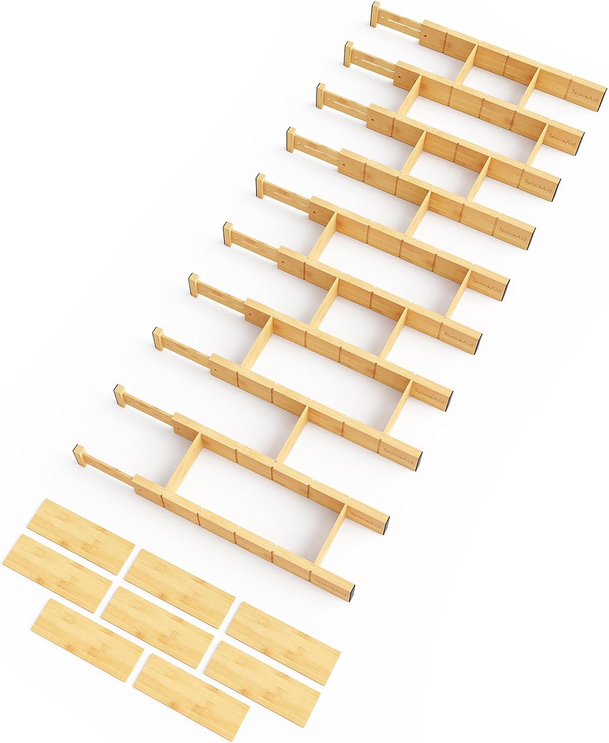 Bamboo Drawer Dividers with Inserts and Labels, Kitchen Adjustable Drawer Organizers, Expandable Organization for Home, Office, Dressers, 4 Dividers with 9 Inserts (17"-22" Natural)