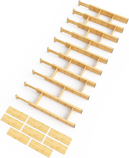 Bamboo Drawer Dividers with Inserts and Labels, Kitchen Adjustable Drawer Organizers, Expandable Organization for Home, Office, Dressers, 4 Dividers with 9 Inserts (17"-22" Natural)